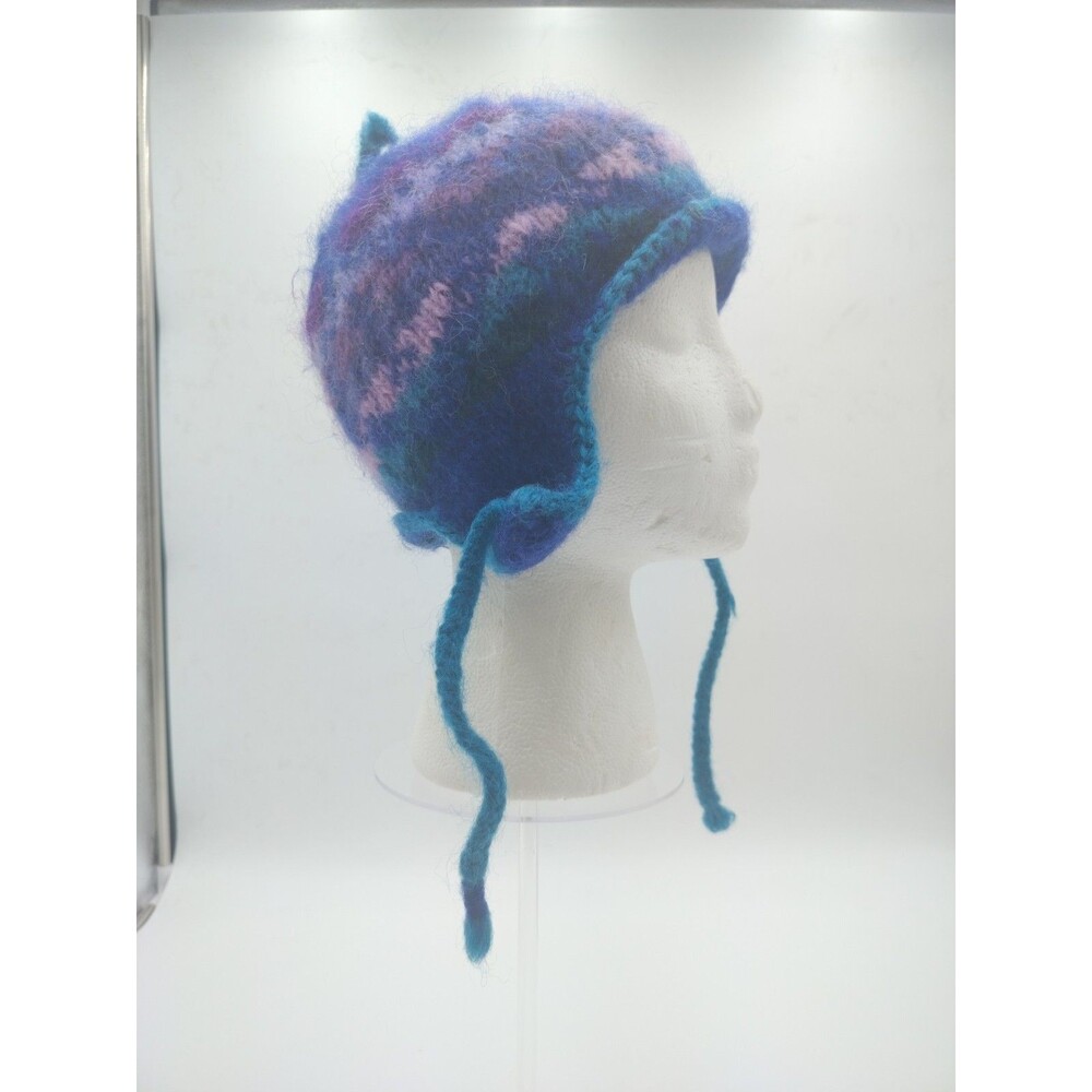 Lost Horizons Blue Purple 100% Wool OS Knit Beanie Hat Nepal (Read)